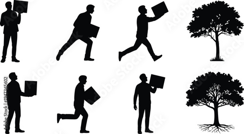 Set of silhouetted men in active poses holding square boxes or packages alongside stylized trees with visible roots