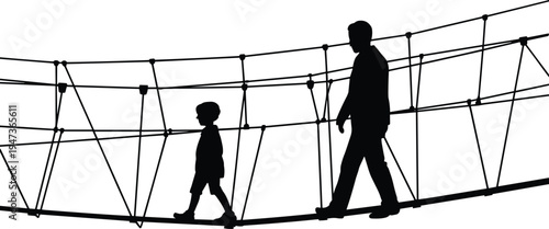 Silhouette of a father and son walking across a rope bridge symbolizing guidance and connection on a white background