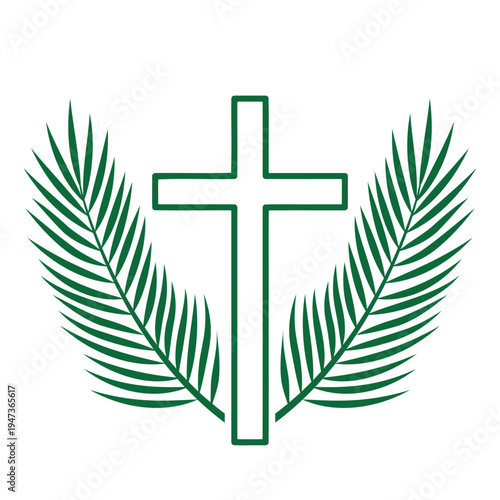 Palm Sunday Cross, religious holiday with palm branches and leaves, vector illustration