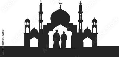 Silhouette of a grand mosque with two figures standing at the entrance representing Islamic architecture and devotion
