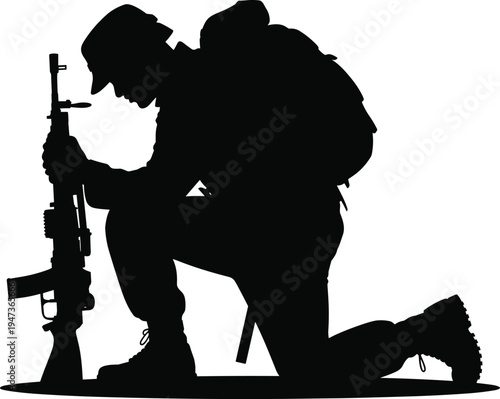 Silhouette of a soldier kneeling with a rifle on a white background symbolizing remembrance and sacrifice