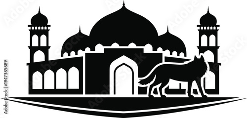 Silhouette of a wolf standing in front of an ornate mosque with domes and minarets against a white background