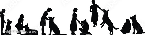 Silhouettes of individuals interacting with dogs in training and affectionate poses, showcasing companionship