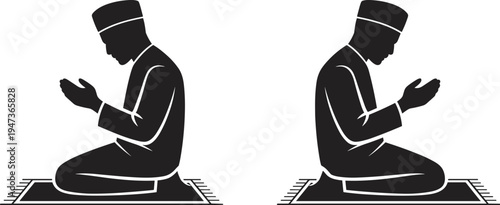 Two silhouetted figures of Muslim men in prayer on prayer mats facing forward with hands raised in supplication isolated on white background