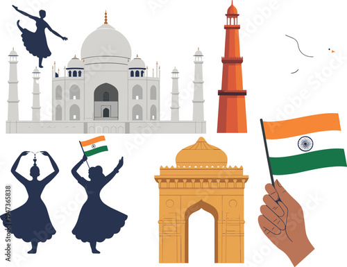 Vibrant of Indian cultural including the Taj Mahal dancers and the Indian flag celebrating national pride