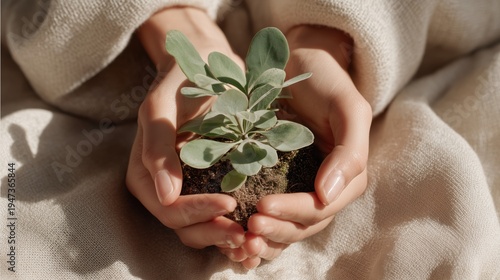 Close up of human hands holding a small green plant growing from soil.
