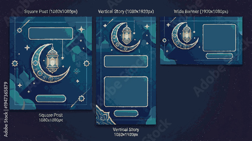 Elegant eid al fitr social media templates featuring crescent moon stars and customizable text for festive greetings