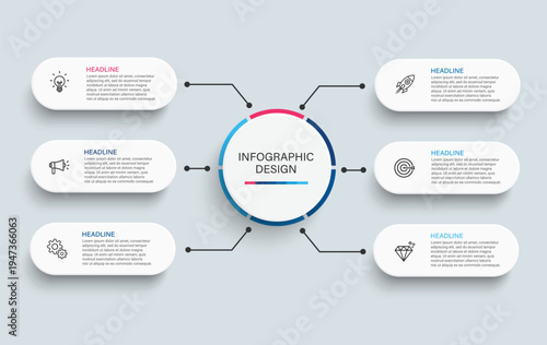 A visually appealing infographic design template with a central circle and six surrounding sections