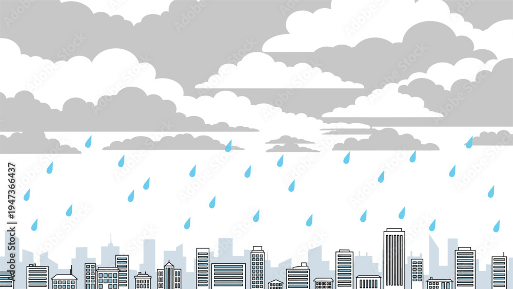 Obraz premium Simple line art illustration of a city skyline with tall buildings under a cloudy sky with raindrops falling down.