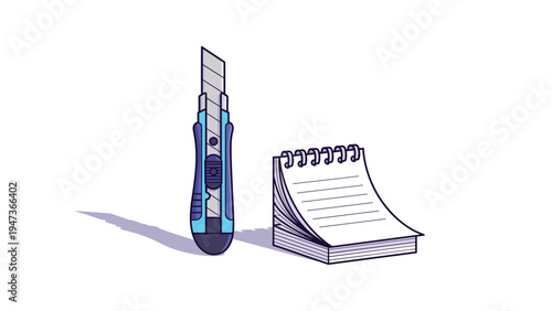 Isometric illustration of a blue utility knife or box cutter standing next to a small spiral-bound notepad with lined paper.