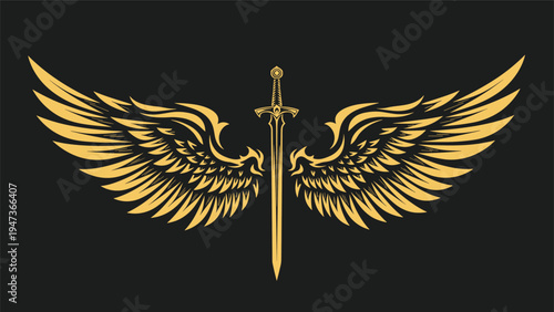 Golden emblem of a medieval sword with a pair of large, feathered angel wings spread out on either side on a dark background.