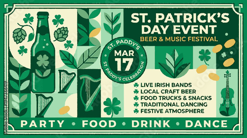 Festive st patrick's day event flyer with green beer bottles shamrocks music and dance celebration details