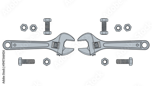 Symmetrical arrangement of hand-drawn adjustable wrenches, nuts, and bolts, creating a mechanical or industrial-themed design element.