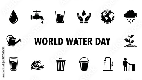 World Water Day Solid Icon Set with Save Water Tap Drop Recycling and Earth Vector Collection
