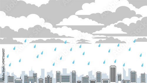 Simple line art illustration of a city skyline with tall buildings under a cloudy sky with raindrops falling down.
