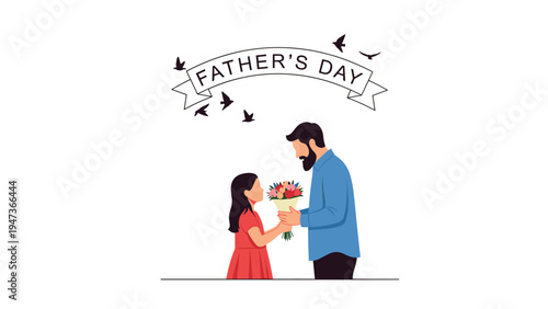 Heartwarming silhouette-style illustration of a daughter giving a bouquet of flowers to her father for Father's Day, with birds flying above.