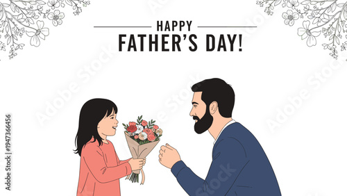 Lovely Father's Day greeting card featuring a happy daughter giving her dad a beautiful bouquet of flowers with floral corner decorations.