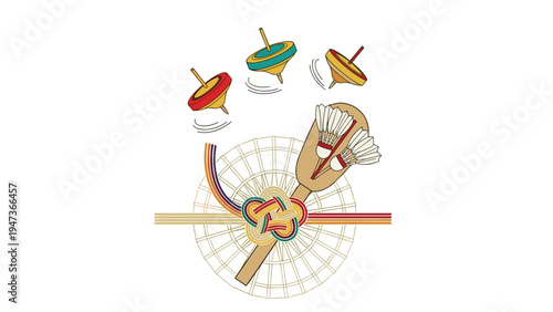 Traditional Japanese New Year's games illustration, including spinning tops, a battledore, shuttlecocks, and a decorative mizuhiki knot.