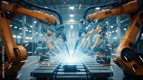 Advanced industrial robotic arms precisely perform automated welding operations on an assembly line within a futuristic high-tech factory setting emphasizing manufacturing innovation