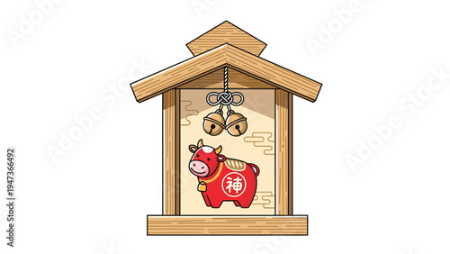 A cute red Akabeko cow, a traditional Japanese lucky charm, displayed inside a miniature wooden Shinto shrine or kamidana.