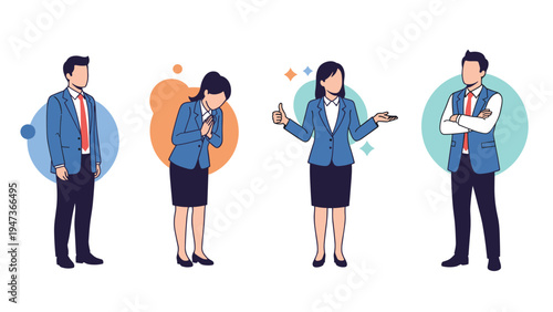 Set of four modern business people characters in various poses including standing, bowing respectfully, giving a thumbs up, and arms crossed.