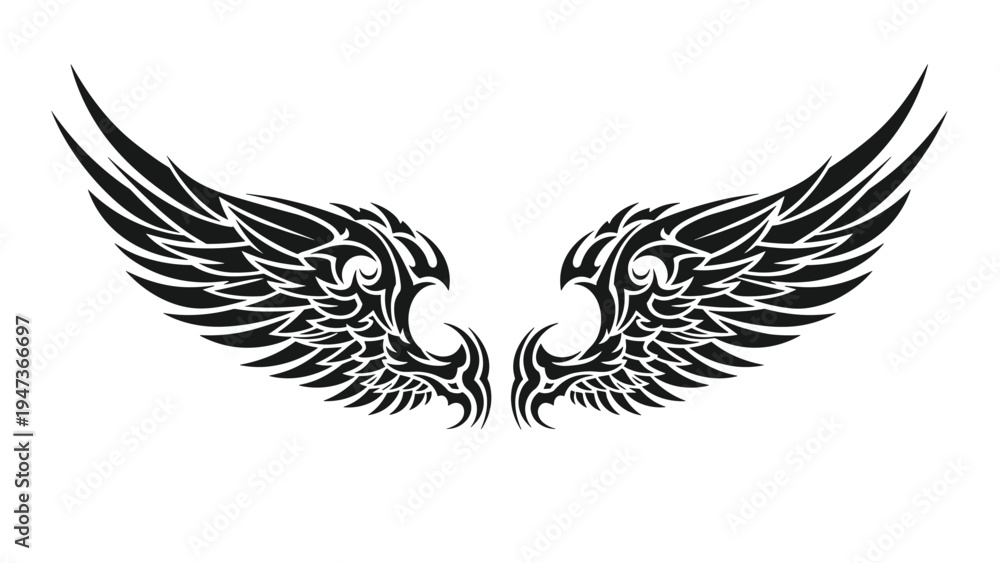Fototapeta premium Black and white illustration of a pair of detailed, tribal-style angel or bird wings, suitable for a tattoo design or decal sticker.