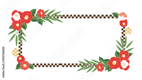 Japanese style rectangular frame decorated with red camellia flowers, bamboo leaves, and a traditional black and white checkered pattern.