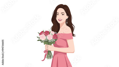 Beautiful smiling bridesmaid or young woman in an elegant off-the-shoulder pink dress, holding a romantic bouquet of wedding flowers.