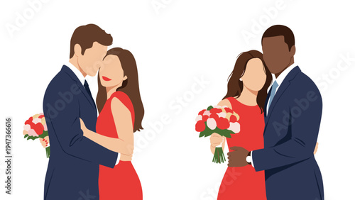 Set of two diverse, faceless couples embracing, including a white couple and an interracial black and white couple for a wedding.