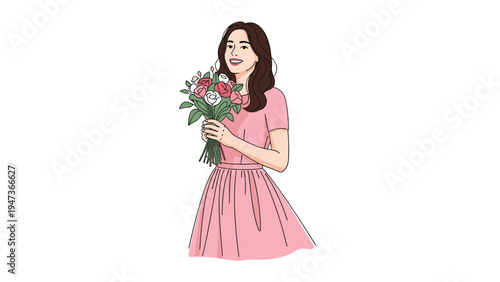 Happy young woman in a pink dress smiling and holding a beautiful bouquet of roses and other flowers, in a hand-drawn sketch style.