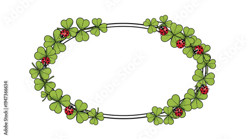 Oval frame or wreath made of green four-leaf clovers and decorated with red ladybugs, symbolizing good luck, fortune, and nature.