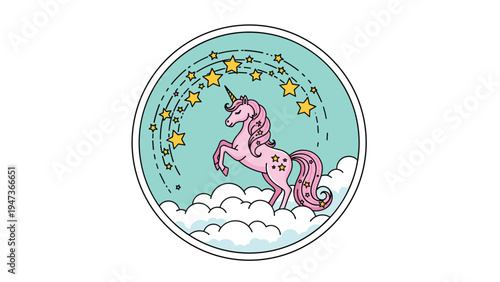 Cute pink unicorn standing on a cloud under a magical rainbow of stars, enclosed in a circular frame, perfect for a children's sticker.