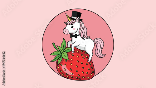 Adorable cartoon unicorn wearing a top hat and bow tie, standing on a giant fresh strawberry against a pink circular background.