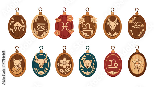 Set of twelve astrology zodiac signs on wooden-style oval pendants, featuring symbols and animal representations with floral decorations.