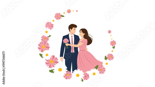 Romantic illustration of a bride and groom embracing inside a circular wreath of beautiful pink and white daisy and cosmos flowers.