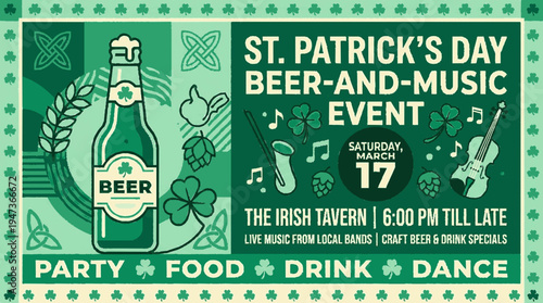 Festive st patrick's day poster with beer music and event details on a green decorative background