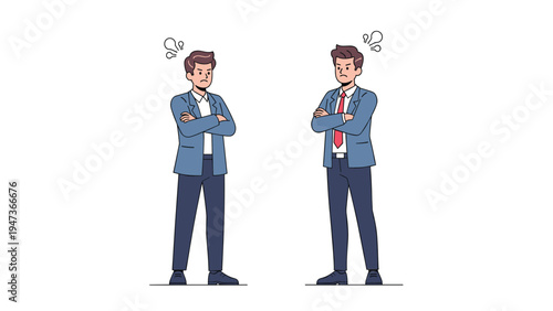 Two angry businessmen in suits standing with their arms crossed, showing conflict, disagreement, and confrontation in a work environment.