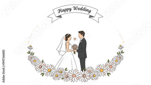 Hand-drawn wedding illustration of a bride and groom holding hands inside a semi-circular wreath of daisies, with a Happy Wedding banner.