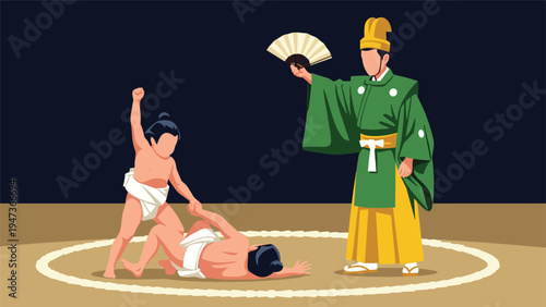 Japanese cultural illustration depicting a sumo wrestling match between two wrestlers with a referee in traditional attire holding a fan.
