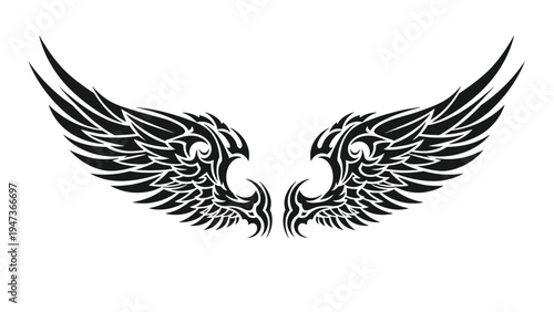 Black and white illustration of a pair of detailed, tribal-style angel or bird wings, suitable for a tattoo design or decal sticker.