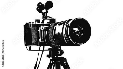 Vintage camera on tripod capturing a scenic view (2)