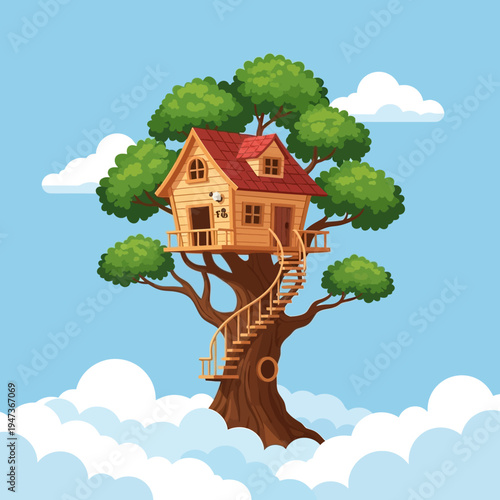 Treehouse in a Cloudy Sky Surrounded by Trees