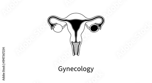 Illustration of the female reproductive system, uterus diagram with fallopian tubes and ovaries, "Gynecology" text, black and white line-art style, isolated on a white background.