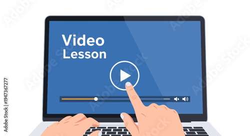 Video lesson concept on laptop screen with hands typing and clicking play.