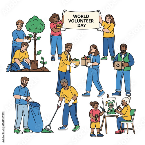 A diverse group of volunteers engaging in community service activities today, cleaning, planting, and distributing aid under a World Volunteer Day banner.
