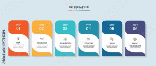 A colorful infographic template with six steps for business planning and strategy