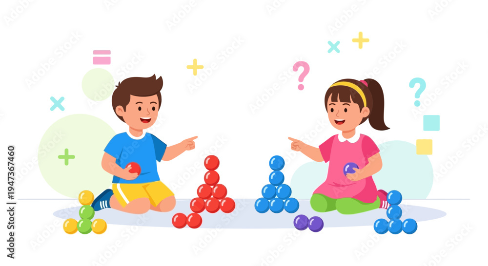 Fototapeta premium Children playing with colorful balls, learning math and logic games