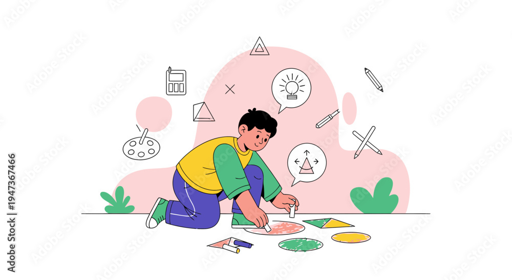 Fototapeta premium Creative Child Assembling Geometric Shapes, Learning and Playing