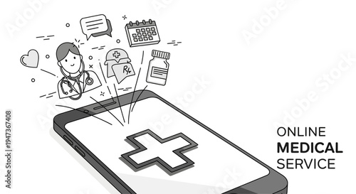 Online medical service concept with smartphone and doctor avatar icon.