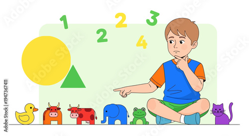 Child learning numbers and shapes with toys, educational concept